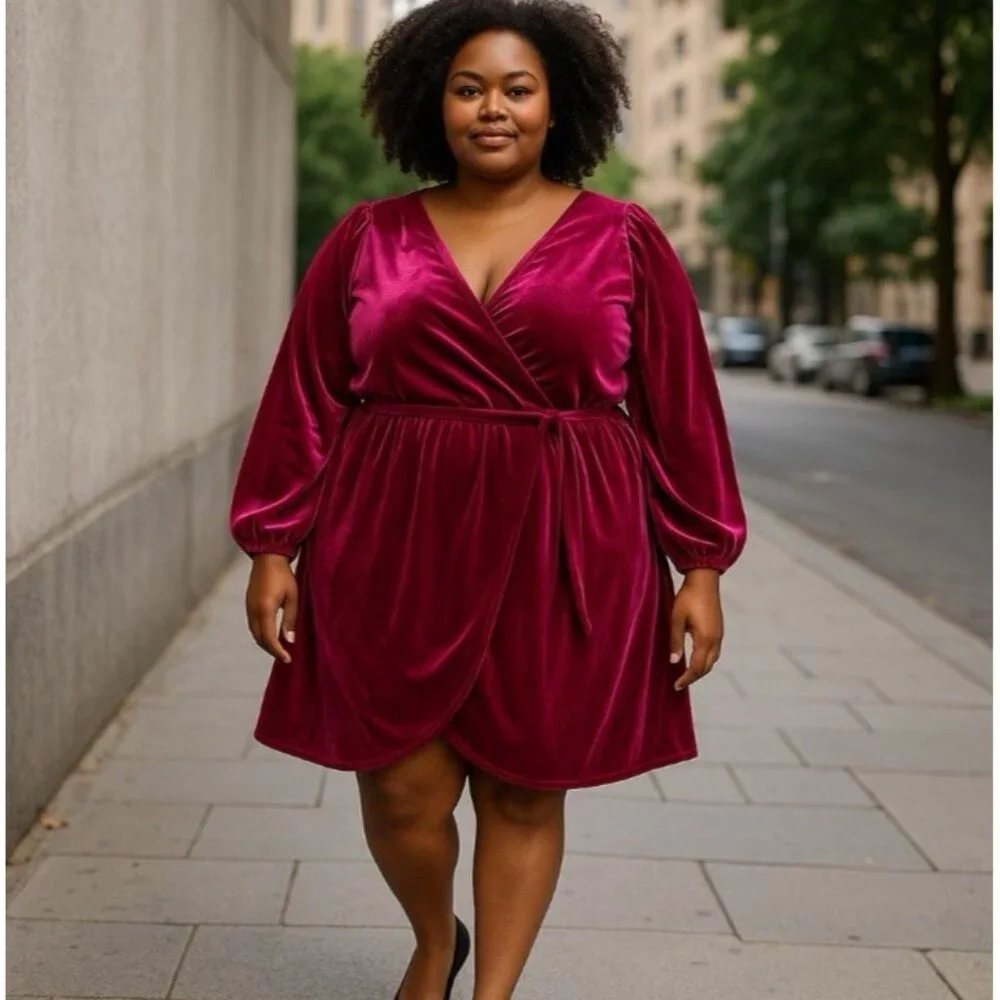 *Nine West Velvet Faux Wrap Dress 4X Tie Waist Holiday Christmas Deep-V Red Wine - Picture 7 of 7